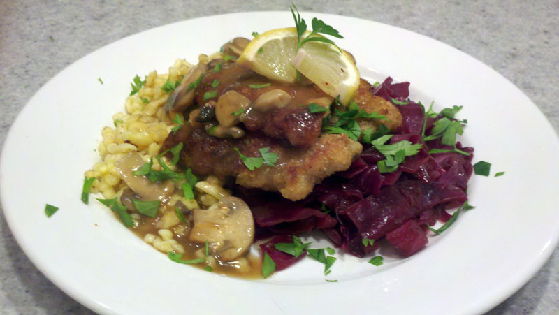 Jagerschnitzel with Spaetzle and German Red Cabbage Kraut