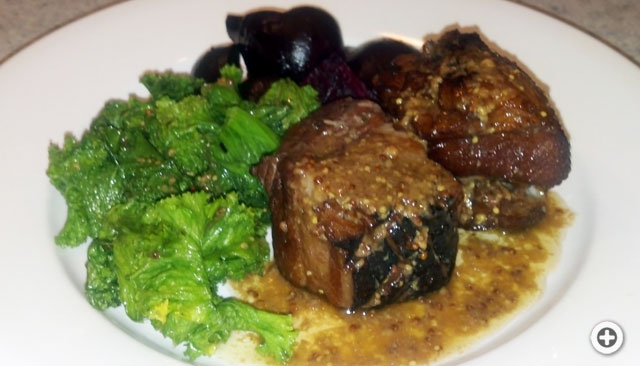 Braised Pork Belly Roast Beets Sauteed Mustard Greens with Mustard Jus
