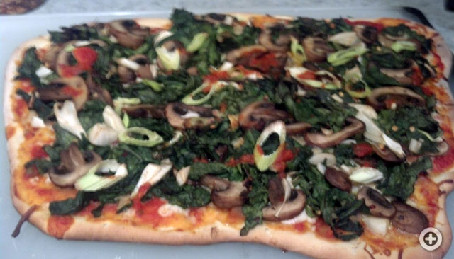 Kale, Green Garlic and Mushroom Pizza