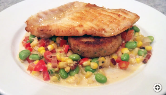 Triggerfish, Succotash and Fried Polenta Cakes