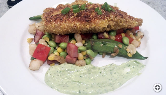 Cornmeal Crusted Catfish, Country Ham Succotash with Avocado and Cilantro Purée