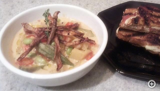 Succotash Chowder with Country Ham and Cheddar Grilled Cheese Sandwiches