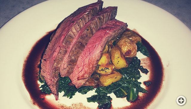 flank steak with sage duck fat potatoes sauteed kale blueberry balsamic jus
