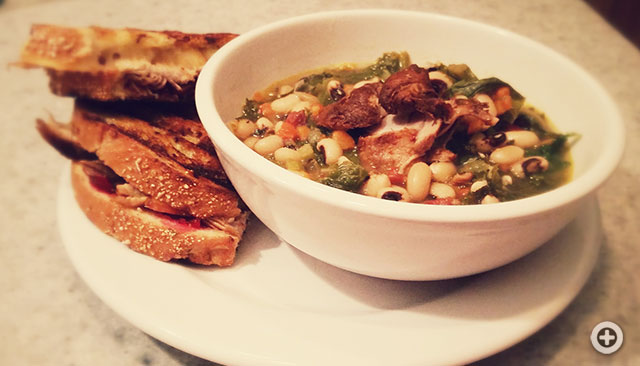 Black Eyed Peas and Collard Soup with Smoked Turkey and Smoked Gouda Grilled Cheese with Cranberry Orange Relish