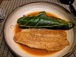 Cornmeal Dusted Catfish, Collard Greens and Potlikker, Carolina Runner Peanut-Satsuma Salad