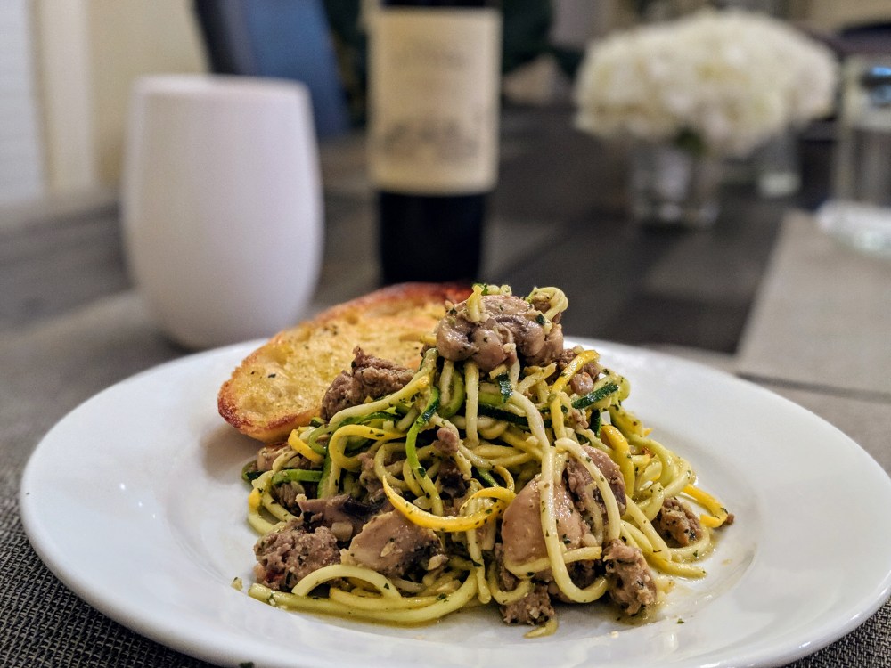 Turkey Sausage and Squash "Pasta" with Walnut Pesto