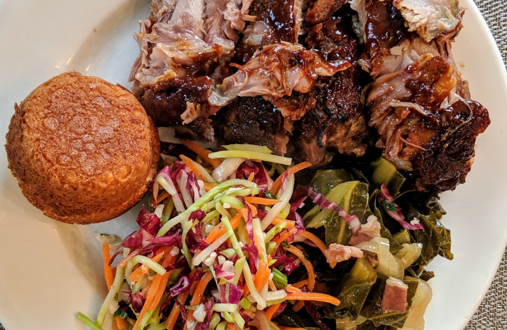 Baby Back Ribs, Collard Greens, Apple Cider Vinegar Slaw and Cornbread