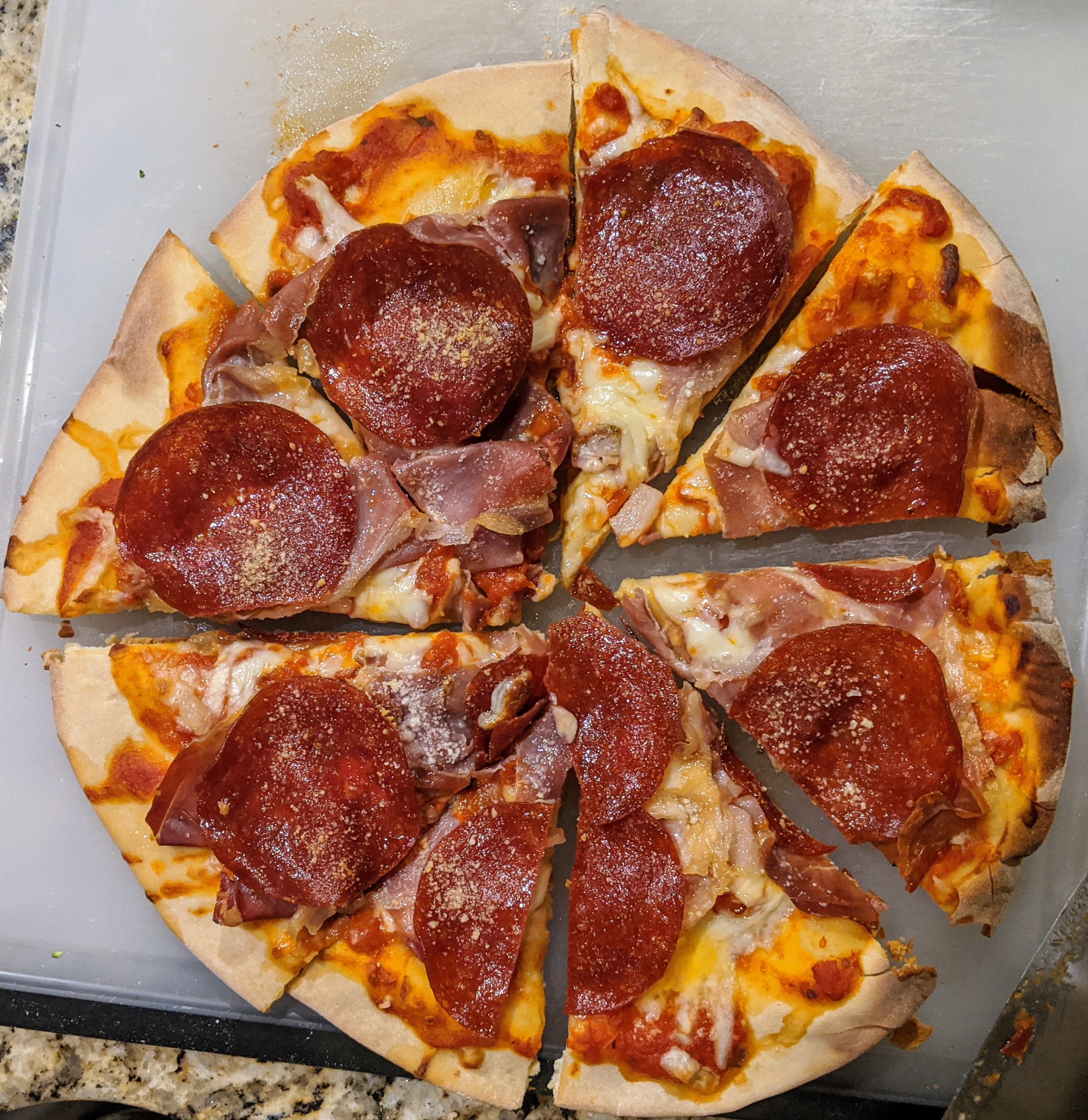 Pepperoni, prosciutto and pancetta pizza