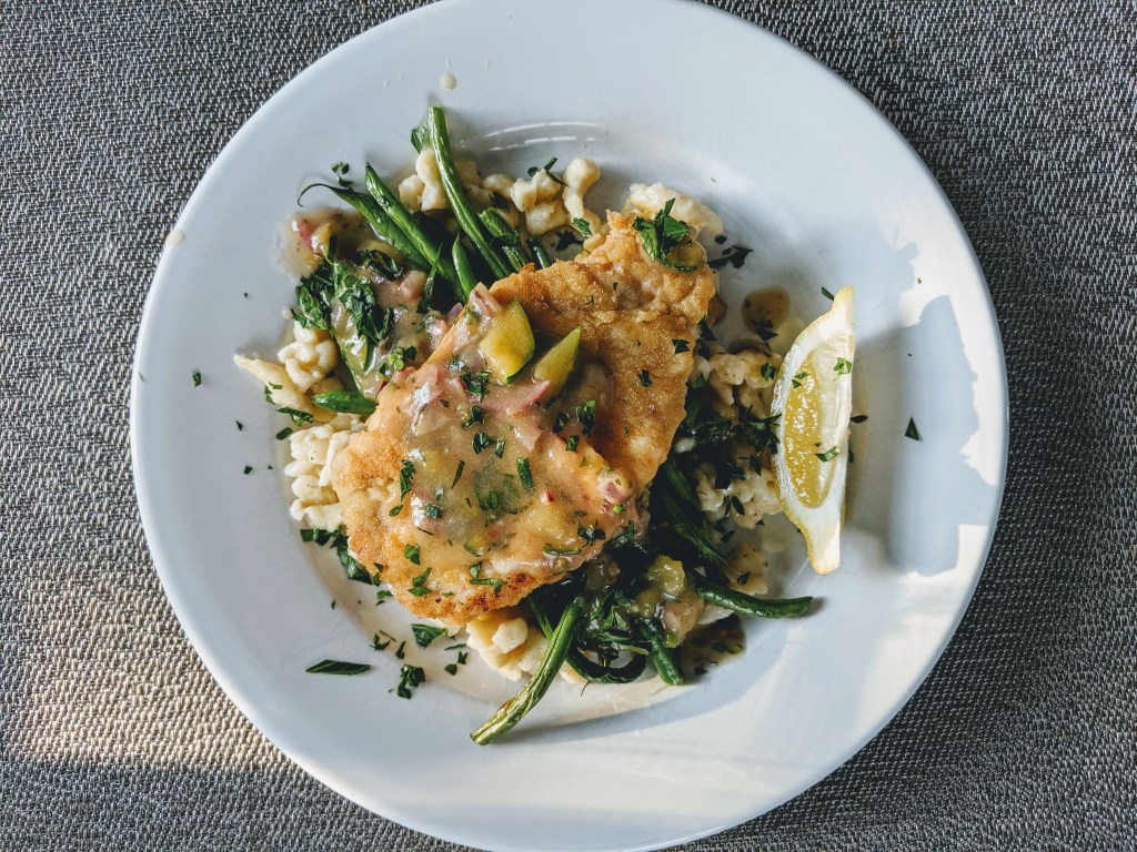 FODMAP Friendly Jagerschnitzel, Spaetzle and Green Beans