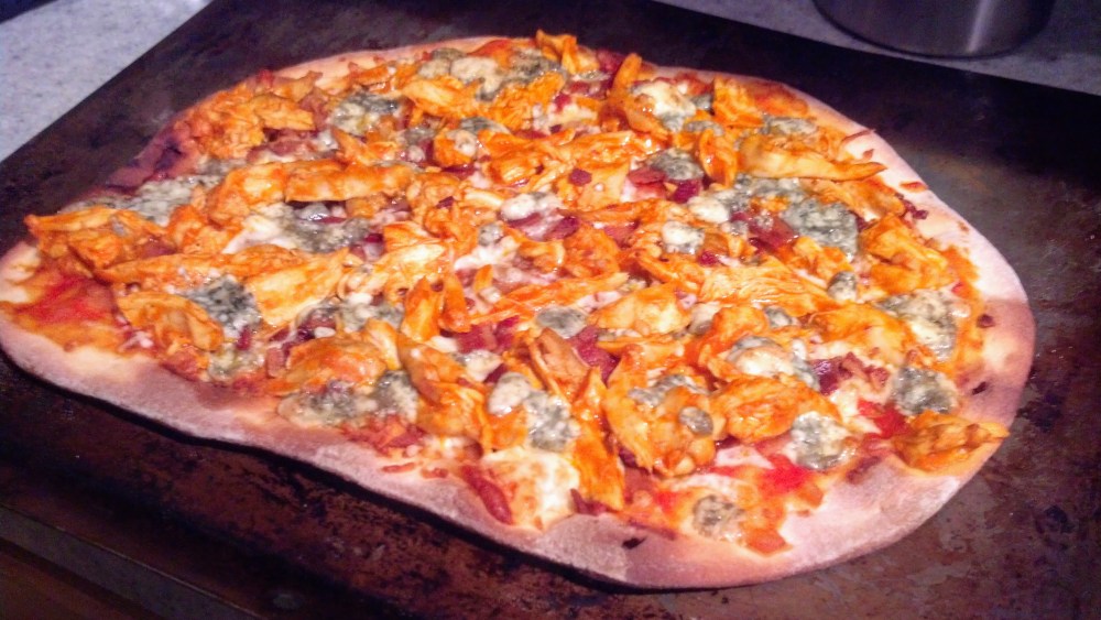 Buffalo Chicken, Bacon and Bleu Cheese Pizza