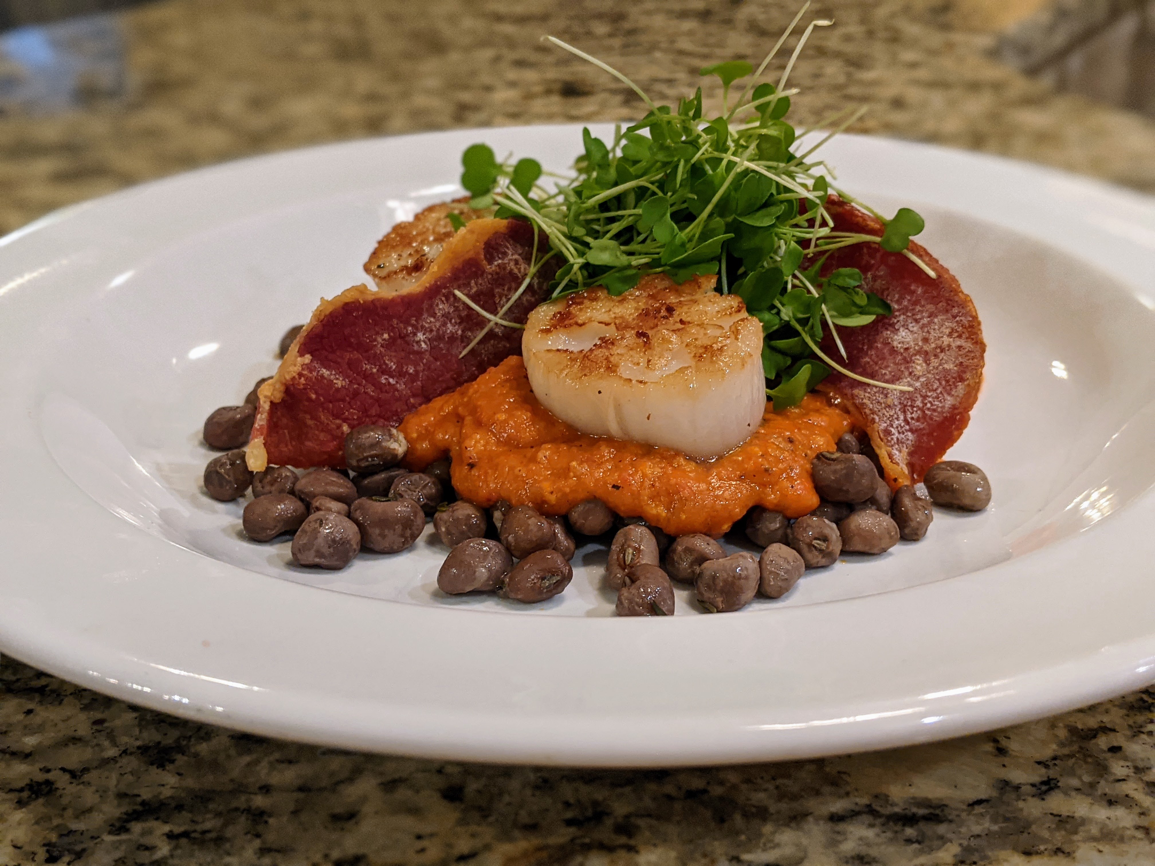 Seared Scallops, Roasted Romesco Sauce, Crowder Peas with Crispy Country Ham - portrait