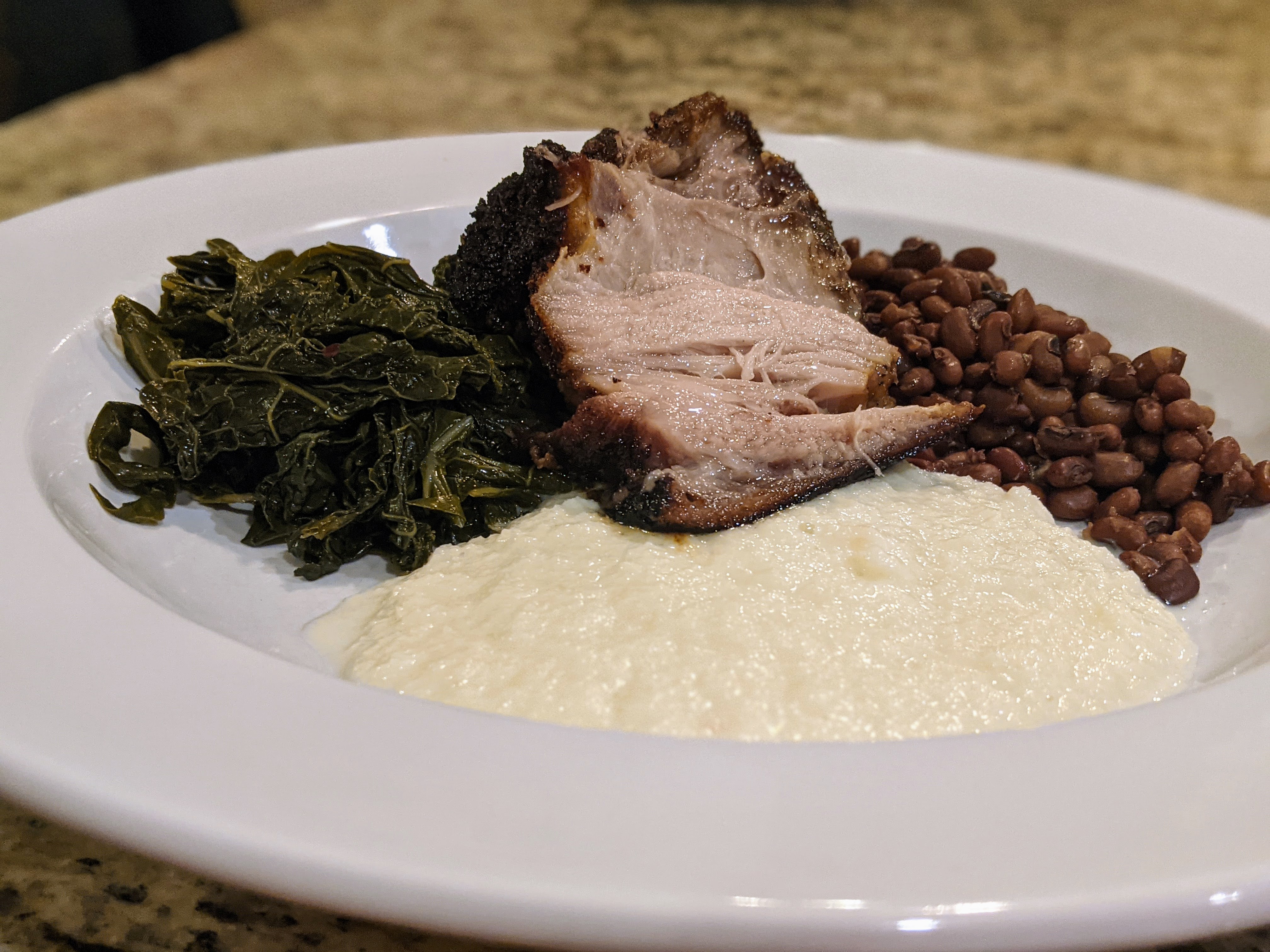 Roast Pork Shoulder, Braised Garden Greens, Sea Island Red Peas and Sweet Onion Puree - Portrait