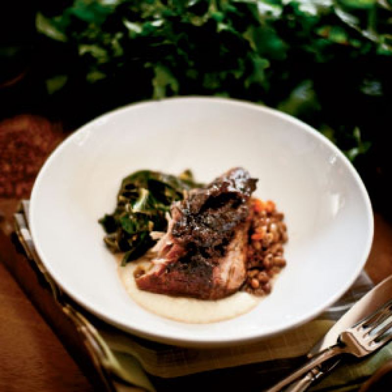 Charleston Magazine - Slow-Cooked Pork Roast With Sea Island Red Peas, Garden Greens, & Sweet Onion Purée