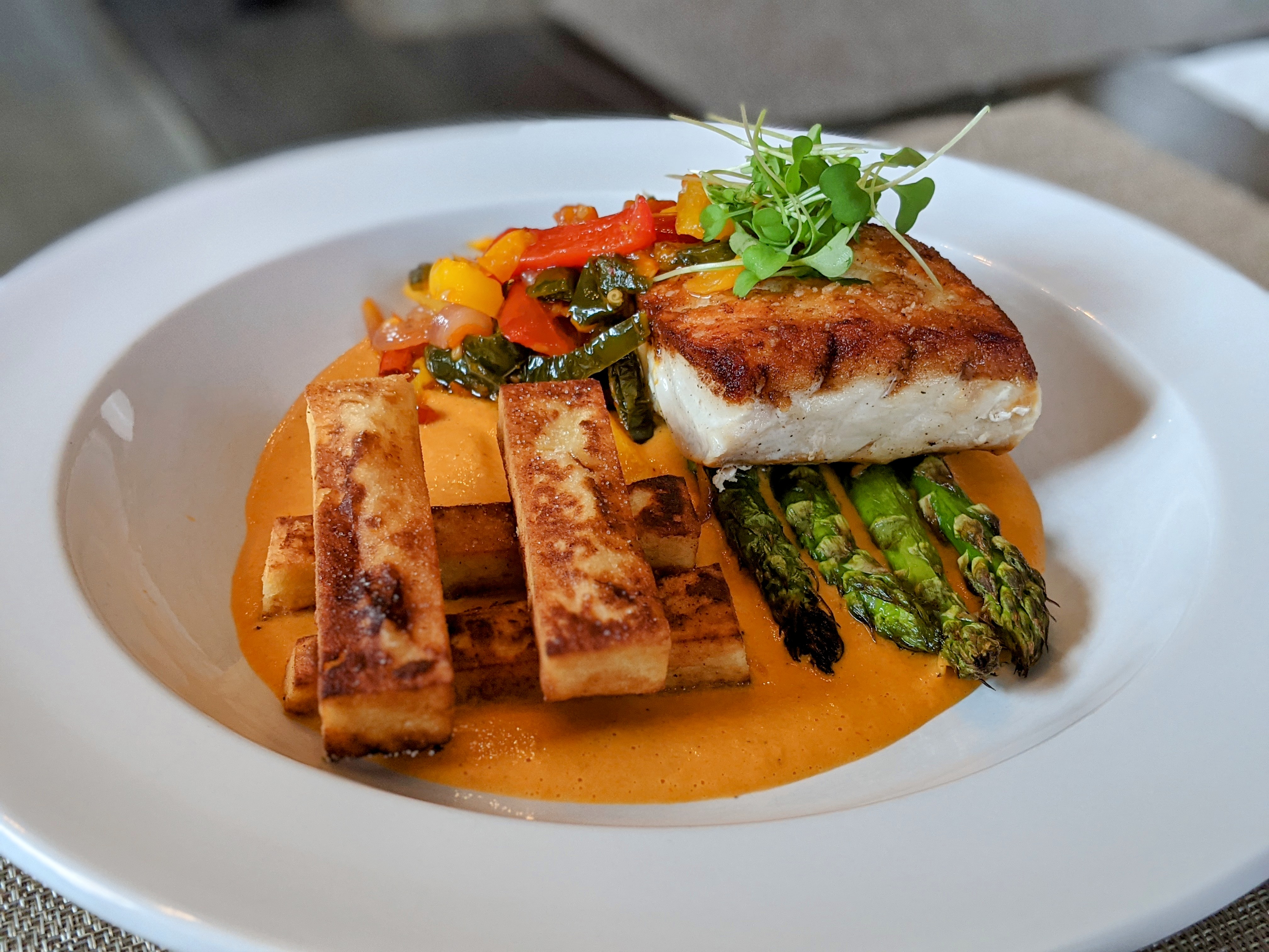 Seared Local Atlantic Wreckfish, Crispy Panisses, Roasted Asparagus, Pipérade with Red Pepper Sauce - portrait2