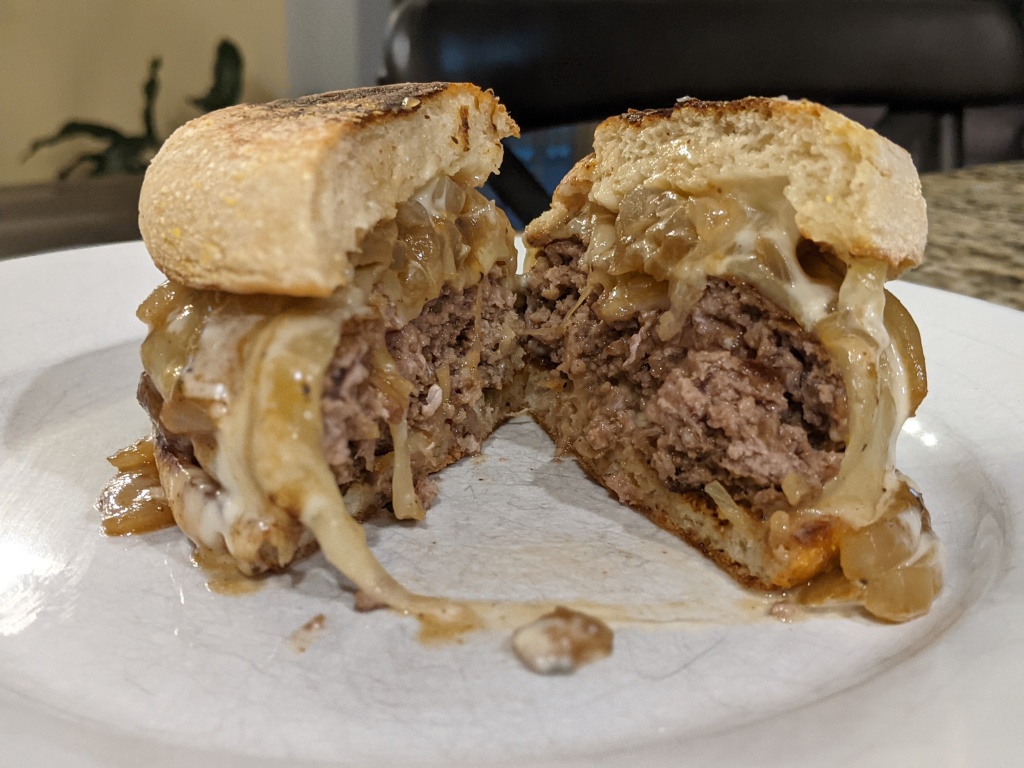 French Onion Soup Burger - cut in half