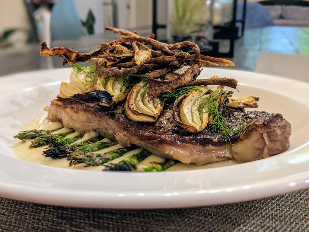 NY Strip Steak, Roasted Fennel and Asparagus, Garlic Potato Puree and Crispy Potato Skins .portrait 2.portrait