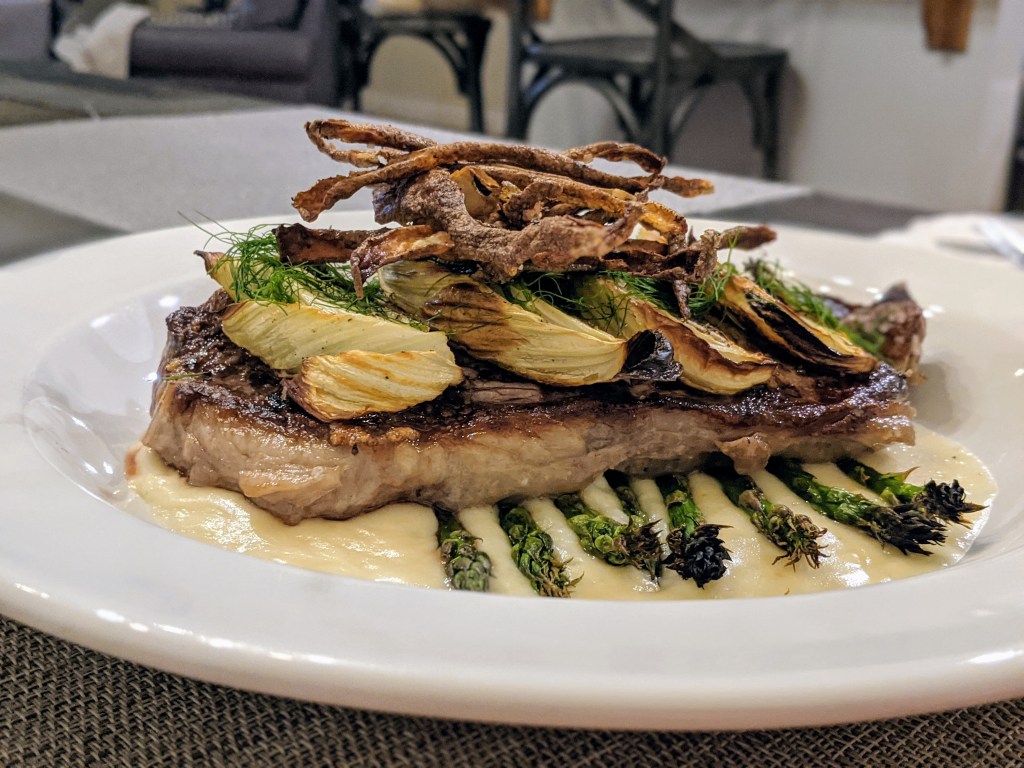 NY Strip Steak, Roasted Fennel and Asparagus, Garlic Potato Puree and Crispy Potato Skins.portrait