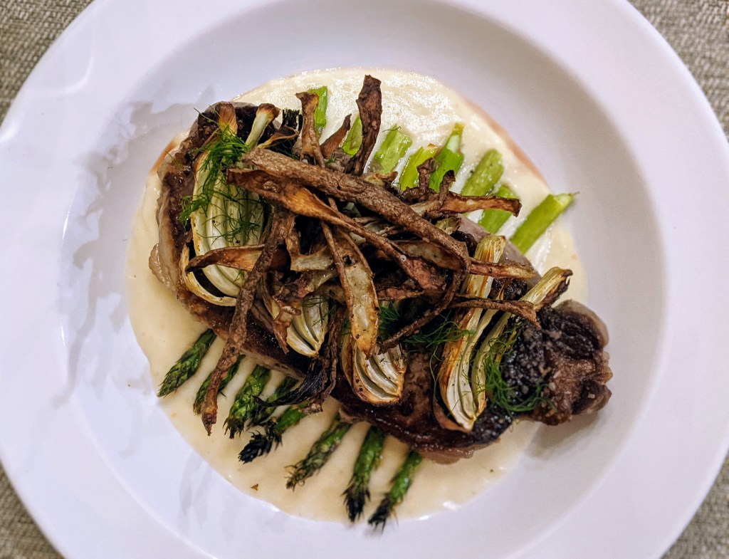 NY Strip Steak, Roasted Fennel and Asparagus, Garlic Potato Puree and Crispy Potato Skins