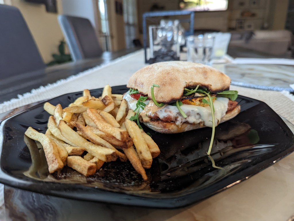 Italian Burger with Charred Heirloom Tomato and Roasted Red Pepper Aioli