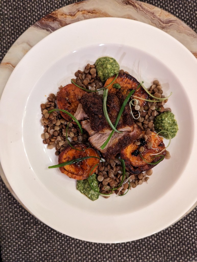 Roast Pork Shoulder, Soy Glazed Sweet Potatoes, Green Lentils with Arugula and Pecan Pesto - TOP