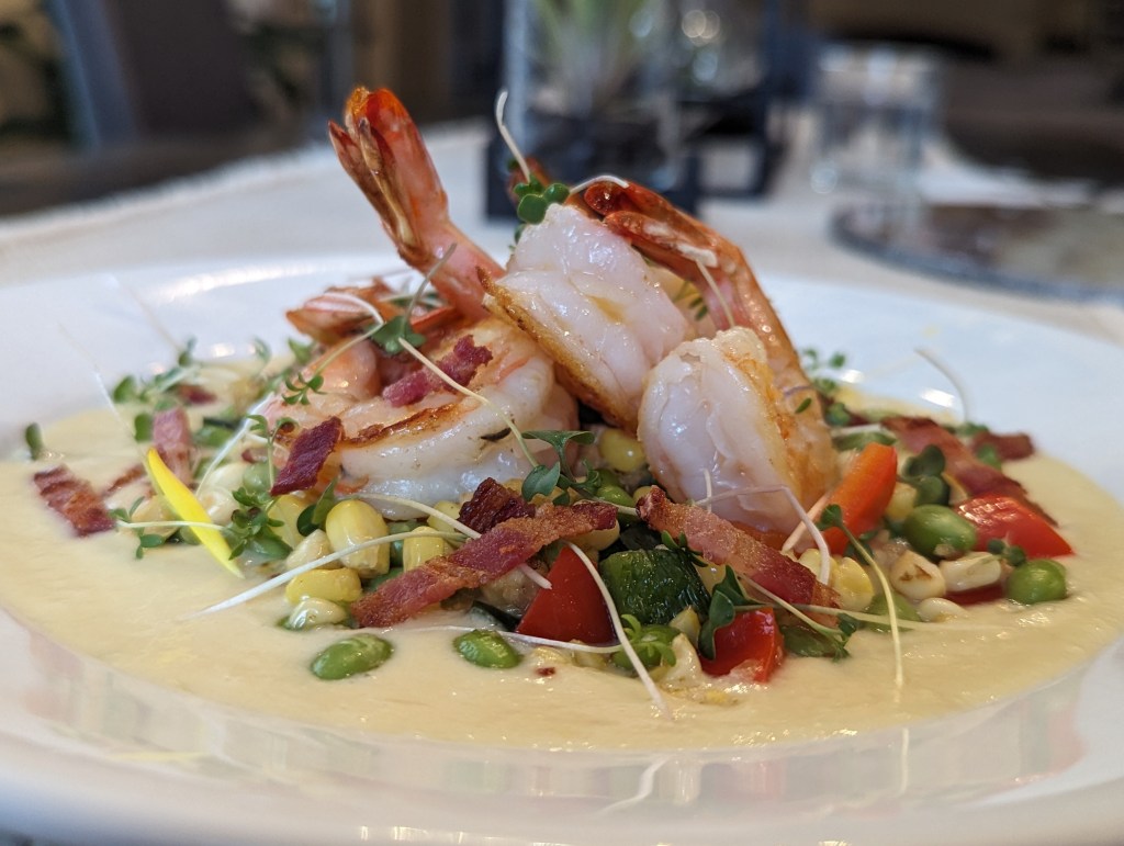 Shrimp, Succotash, Bacon, Creamy Corn Purée
