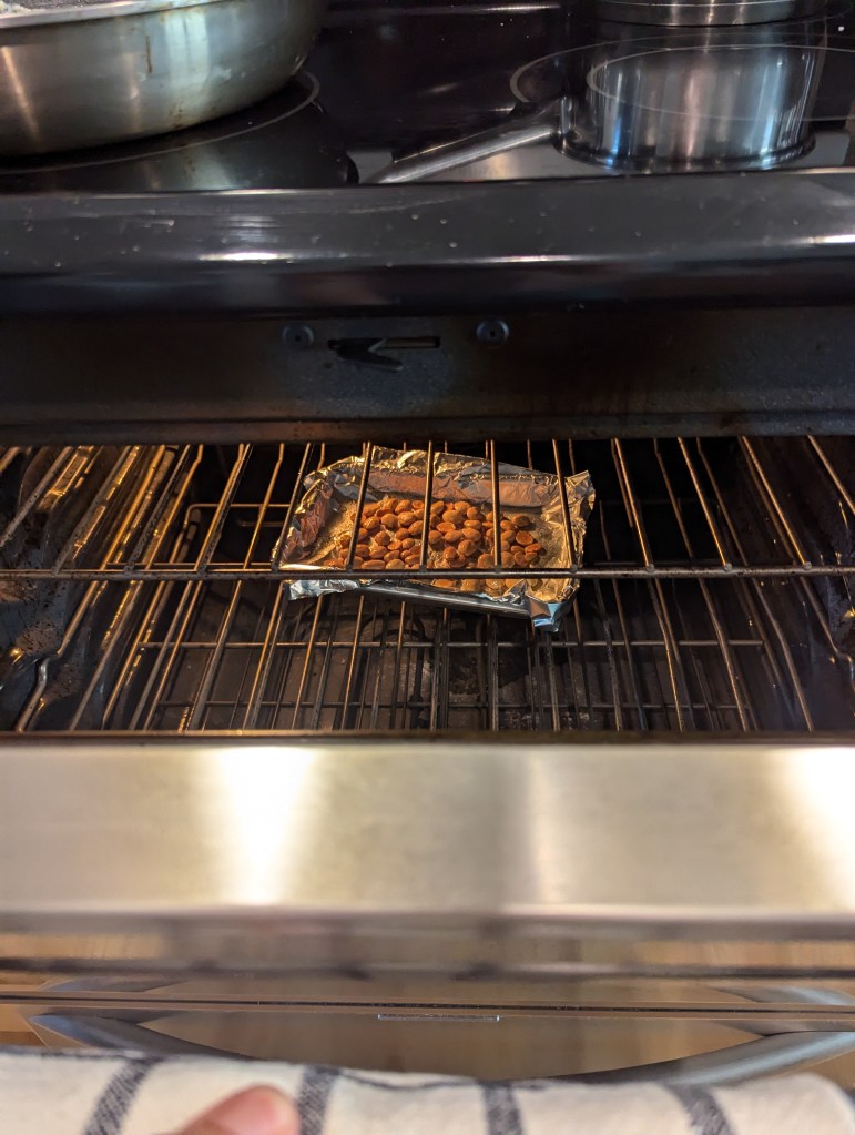 Marcona almonds, 350F for 15 min.