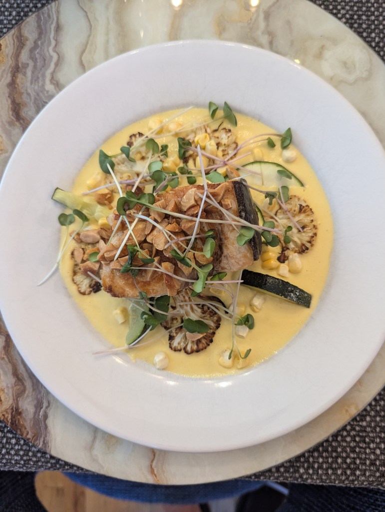 Carolina Swordfish, Corn, Zucchini, Cauliflower, Corn Soubise and Lemon Scented Marcona Almonds - Take 1