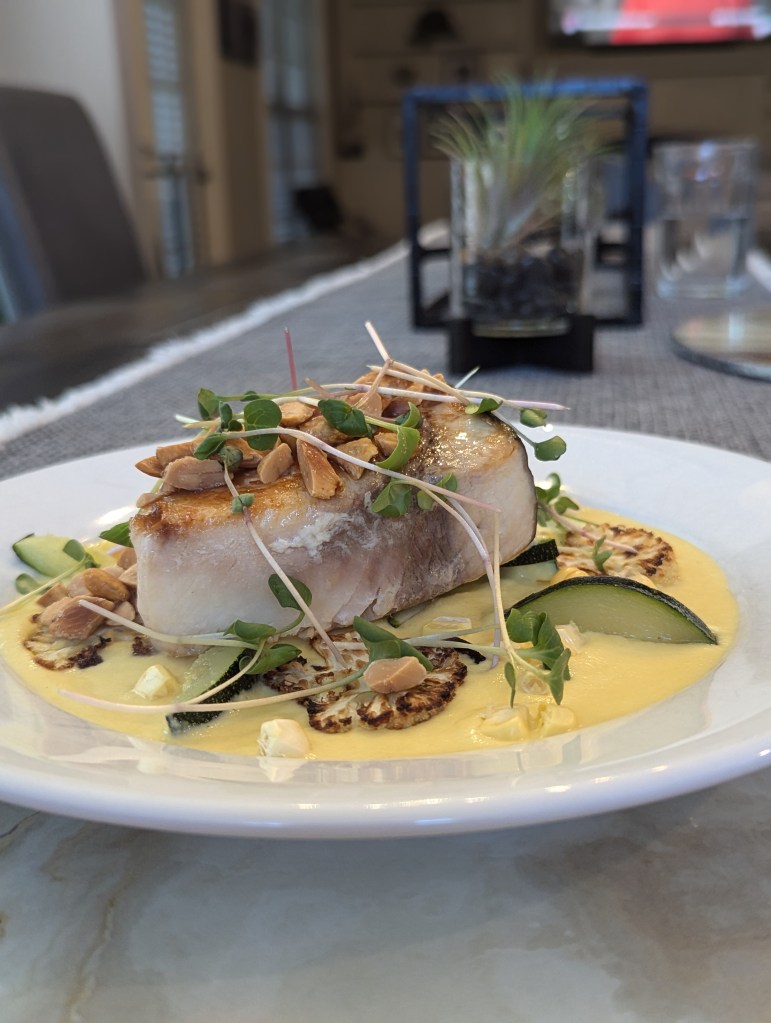 Carolina Swordfish, Corn, Zucchini, Cauliflower, Corn Soubise and Lemon Scented Marcona Almonds - Take 1 portrait