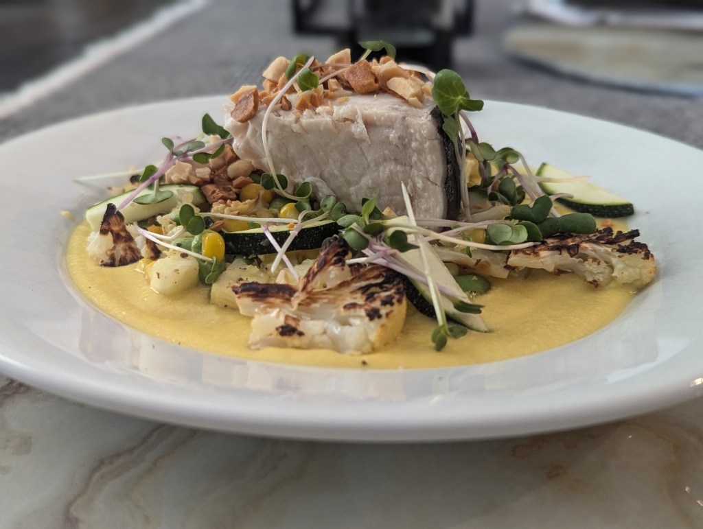 Carolina Swordfish, Corn, Zucchini, Cauliflower, Corn Soubise and Lemon Scented Marcona Almonds - Take 2 portrait