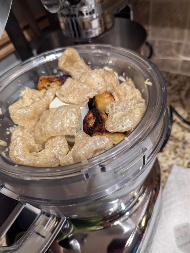 Green Banana Mofongo, with pork rinds and garlic in the processor