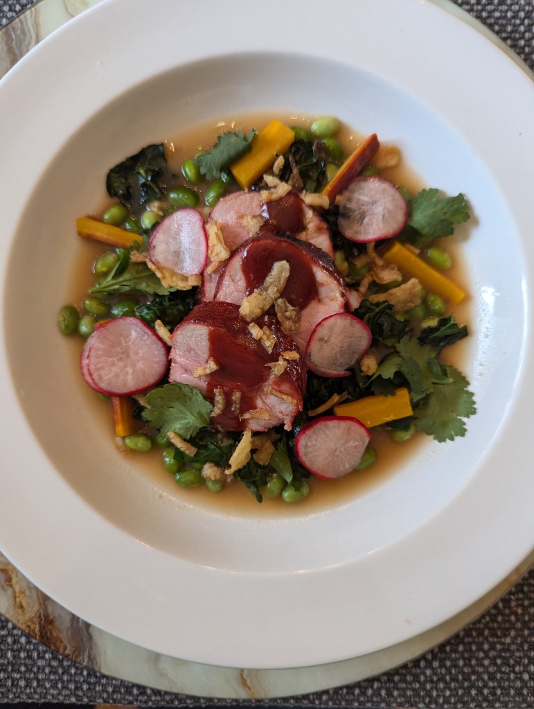 Red Porkloin, Roasted Edamame, Pickled Veg