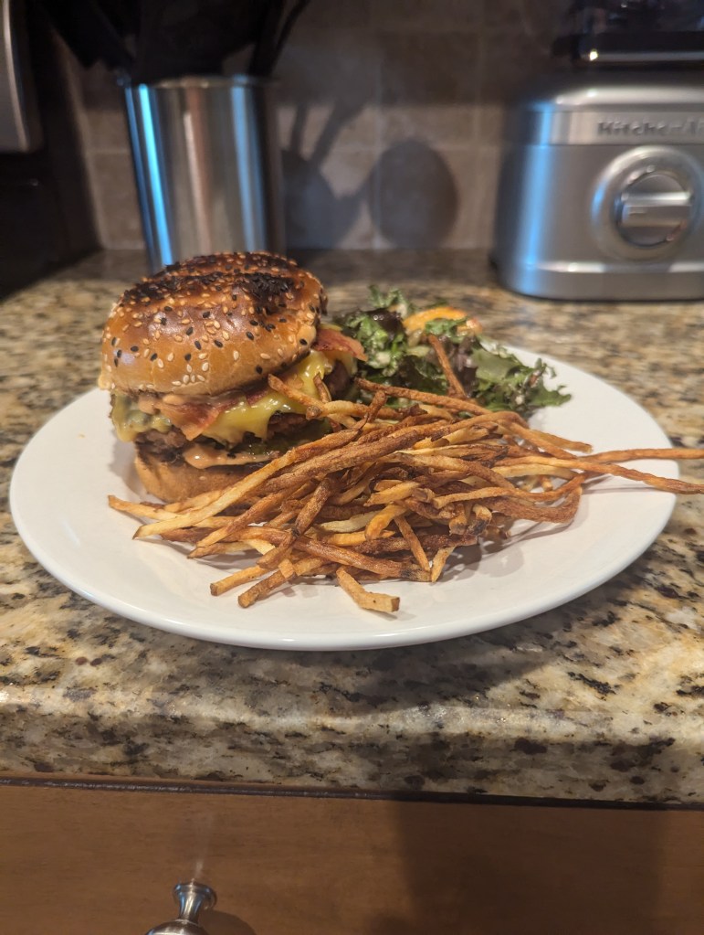 Serve Duck Fat Skinny Fries and Truffle Sea Salt with a burger.