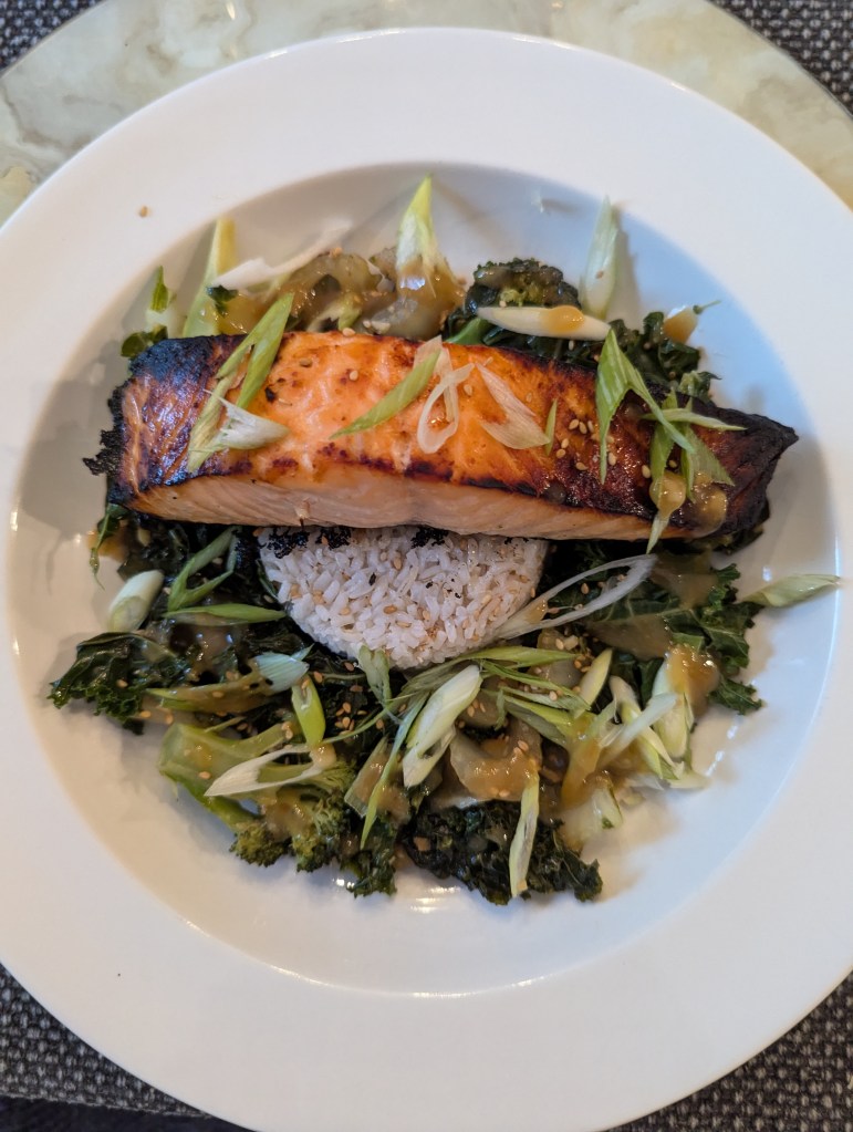 Miso Marinated Salmon, Seasoned Rice, Super Greens - Top