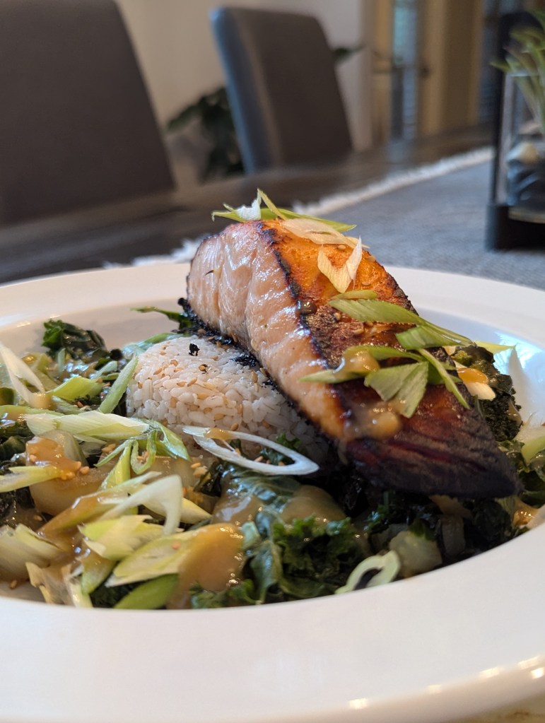 Miso Marinated Salmon, Seasoned Rice, Super Greens