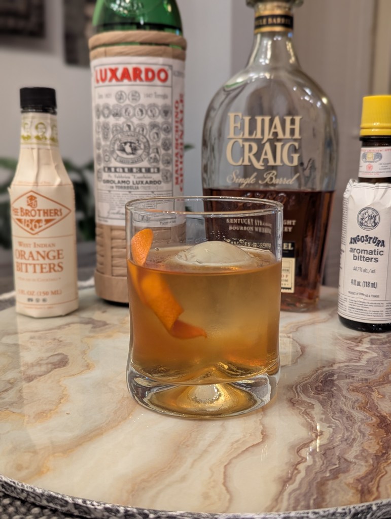 The Fancy Free Cocktail - Portrait and Ingredients