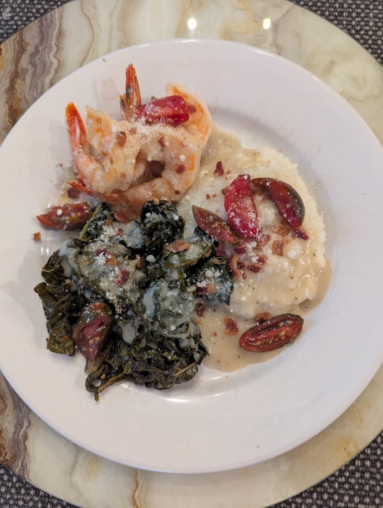 Shrimp, Greens and Grits with Anchovy Cream