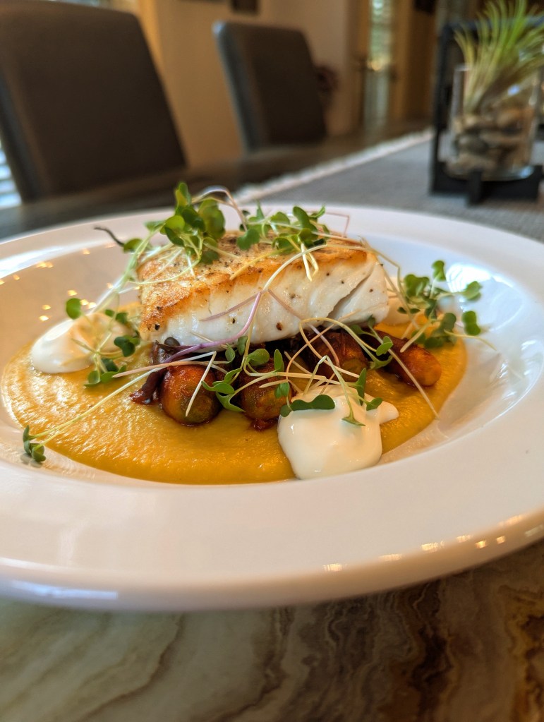 Seared Halibut, Spiced Butternut Purée, Harissa Roasted Baby Carrots with Lemon Crème Fraîche - Portrait