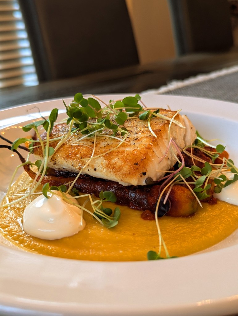Seared Halibut, Spiced Butternut Purée, Harissa Roasted Baby Carrots with Lemon Crème Fraîche - Portrait Close