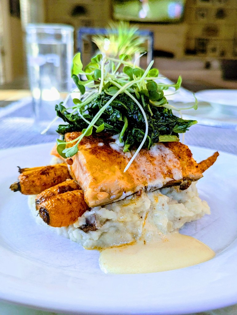 Air Fried Artic Char, Sauteed Local Rainbow Chard, Local Carrots, Smashed Potatoes and Citrus Hollandaise - Portrait 2