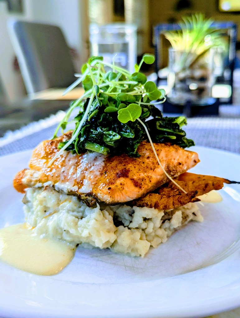 Air Fried Artic Char, Sauteed Local Rainbow Chard, Local Carrots, Smashed Potatoes and Citrus Hollandaise - Portrait