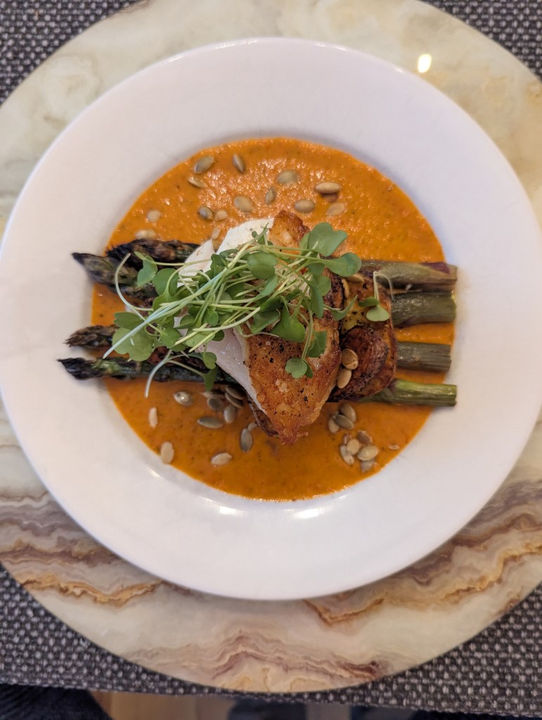 Seared Wreckfish, Crispy Fingerling Potatoes, Charred Asapargus with a Bell Pepper Sauce - Top