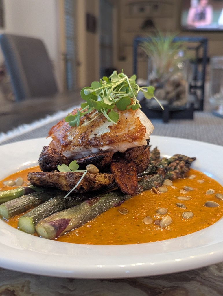 Seared Wreckfish, Crispy Fingerling Potatoes, Charred Asapargus with a Bell Pepper Sauce - Portrait