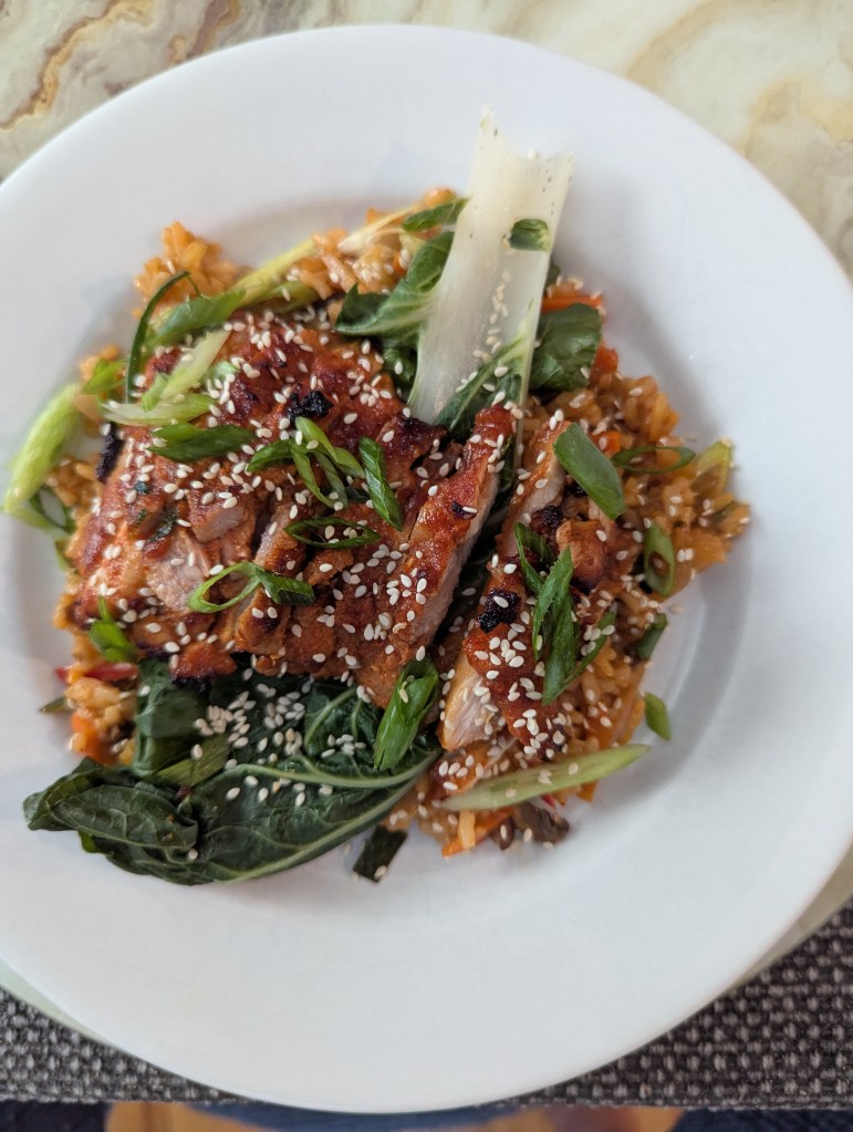 Air Fried Korean Chicken Thighs, Steamed Bok Choy and Kimchi Carolina Gold Fried Rice - Top