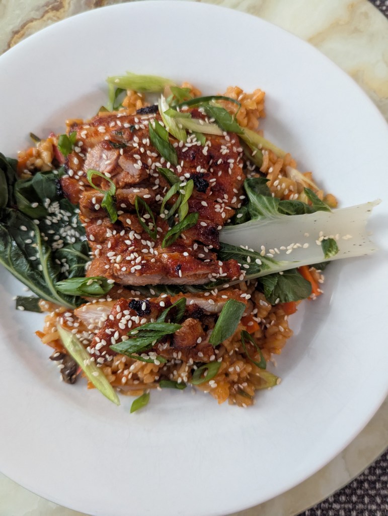 Air Fried Korean Chicken Thighs, Steamed Bok Choy and Kimchi Carolina Gold Fried Rice - Top Portrait