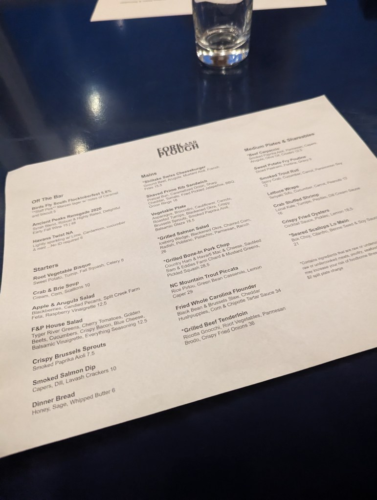 Fork & Plough Dinner Menu October 2023