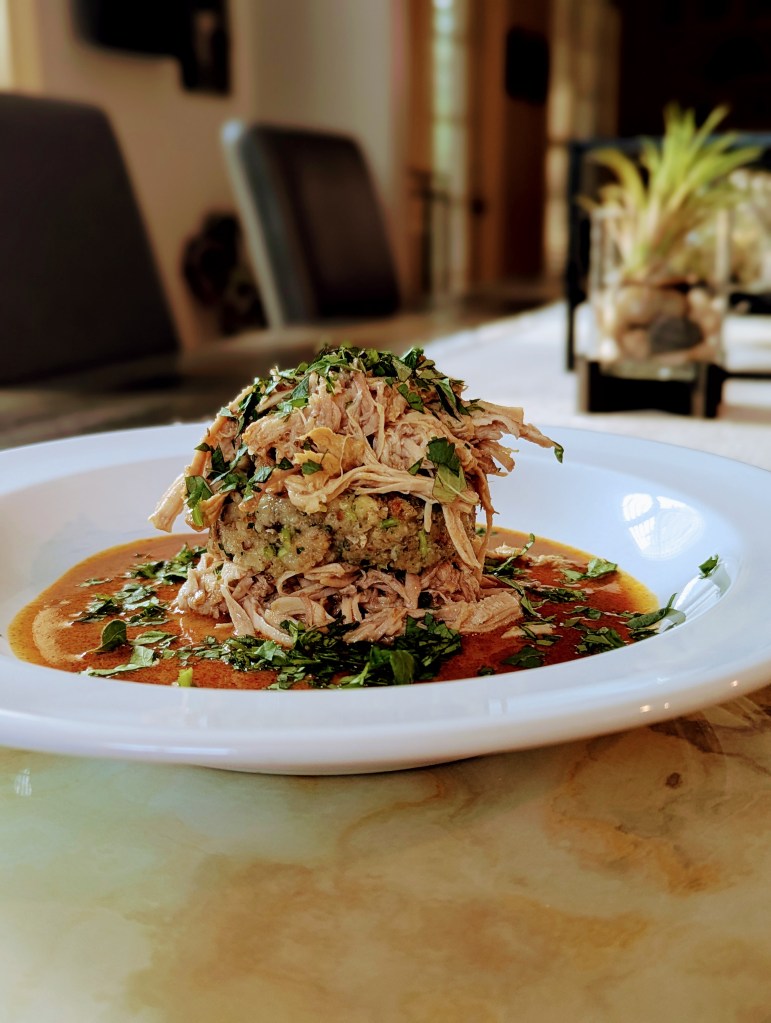 Pork Pernil, Green Banana Mofongo with Chipotle Adobo, Coconut Broth - Portrait