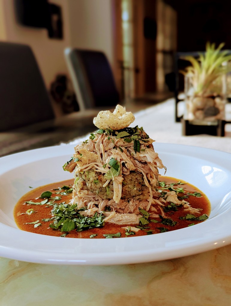 Pork Pernil, Green Banana Mofongo with Chipotle Adobo, Coconut Broth - Close