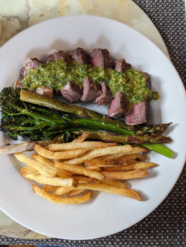 NY Strip Steak Frites and Roasted Veg with Chimichurri