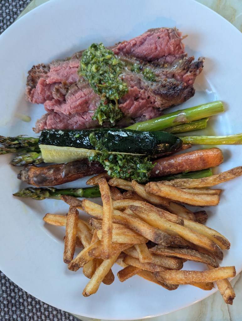 Flank Steak Frites with Roasted Veg and Chimichurri