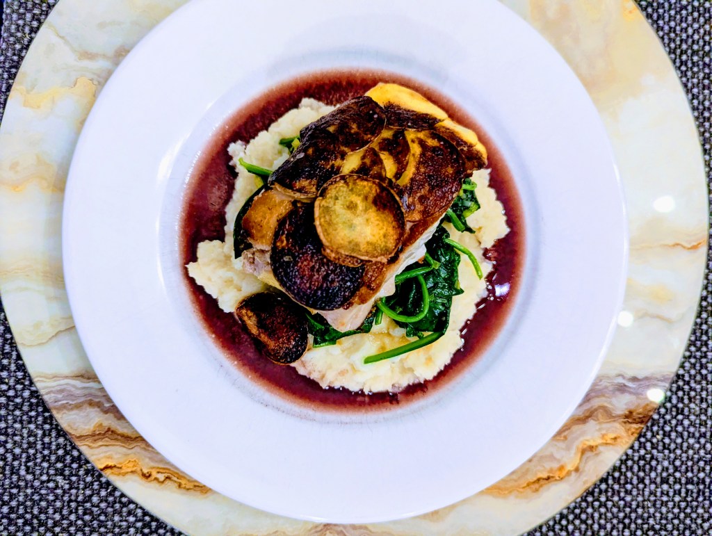 First Attempt - Potato Crusted SC Tilefish, Sauteed Leeks and Spinach, Potato Puree with Red Wine Reduction - Top